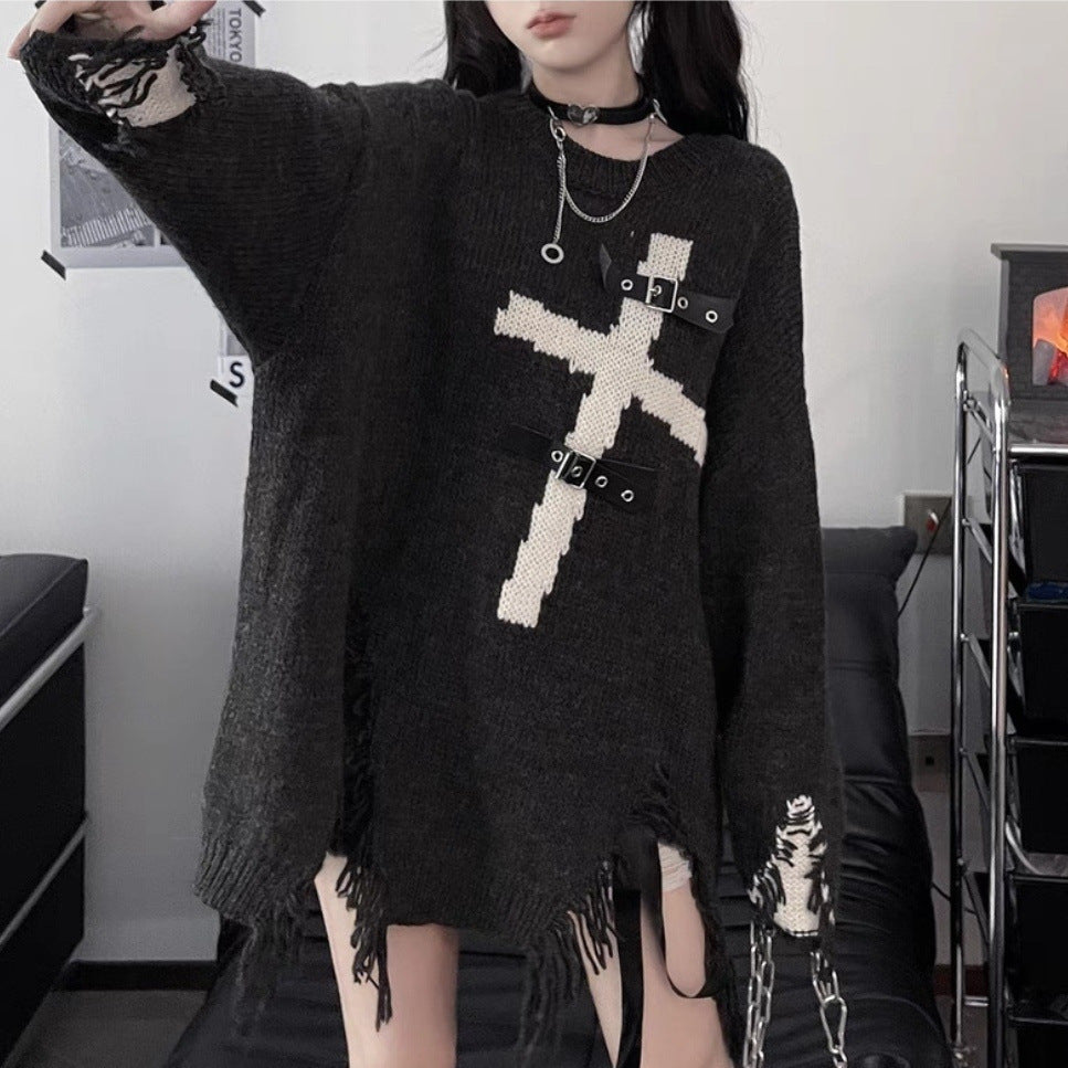 Asian Culture Punk Dark Cross Loose Sweater