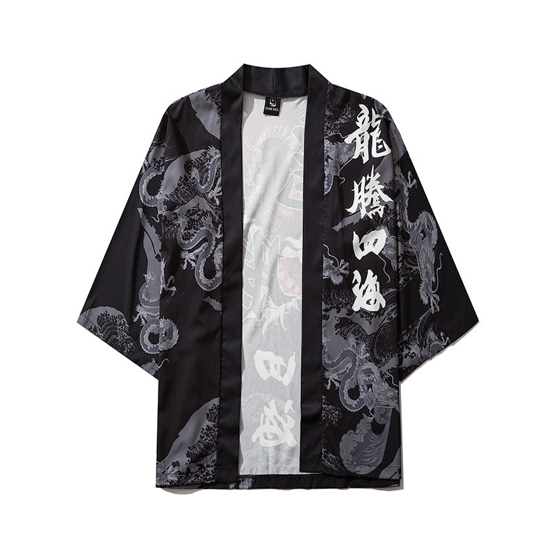 Bebovizix Dragon Print Yukata Men Women Fashion Cardigan Loose Blouse Haori Obi Asian Clothes Harajuku Japanese Cosplay Kimono