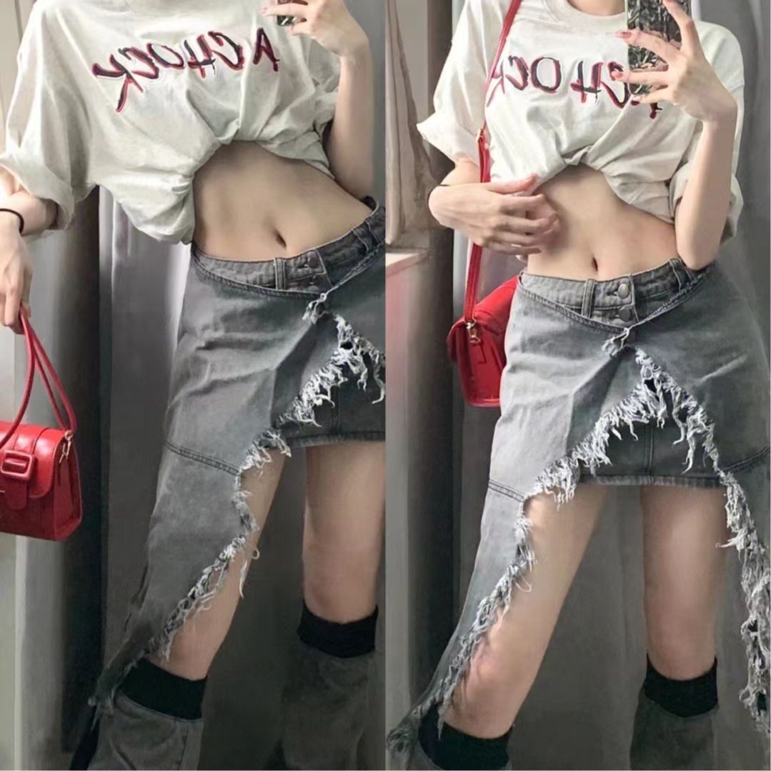 Asian Culture Y2g Hot Girl Denim Smoky Gray Irregular High Waist Skirt