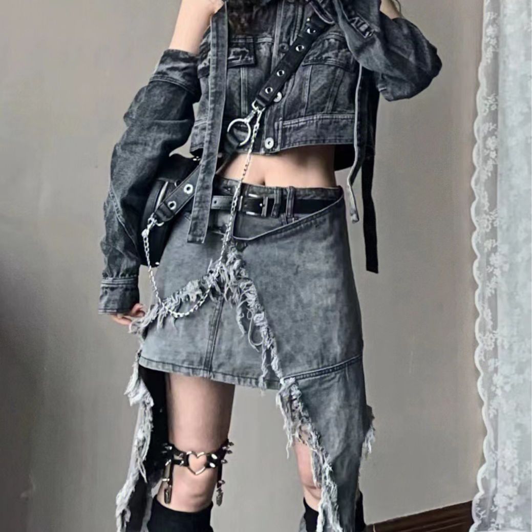 Asian Culture Y2g Hot Girl Denim Smoky Gray Irregular High Waist Skirt