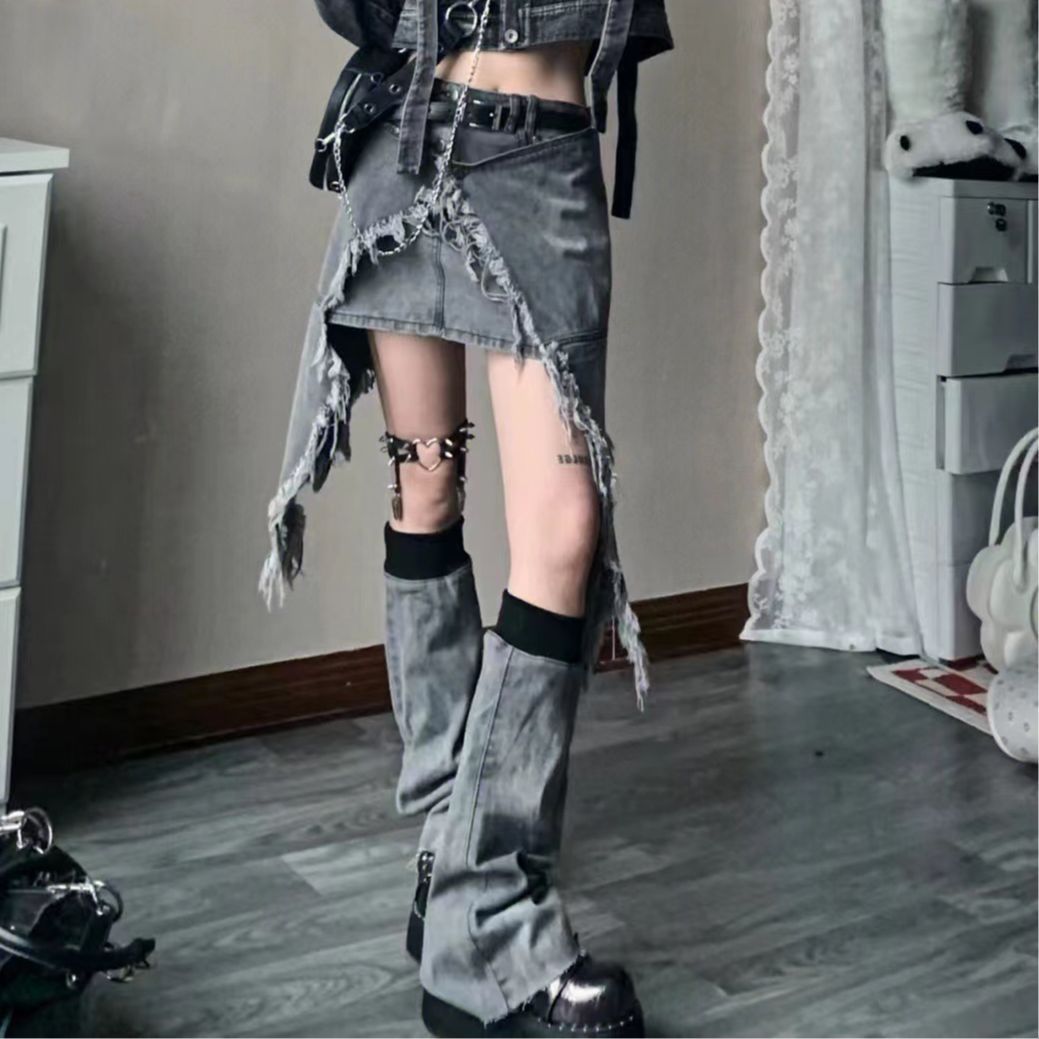 Asian Culture Y2g Hot Girl Denim Smoky Gray Irregular High Waist Skirt