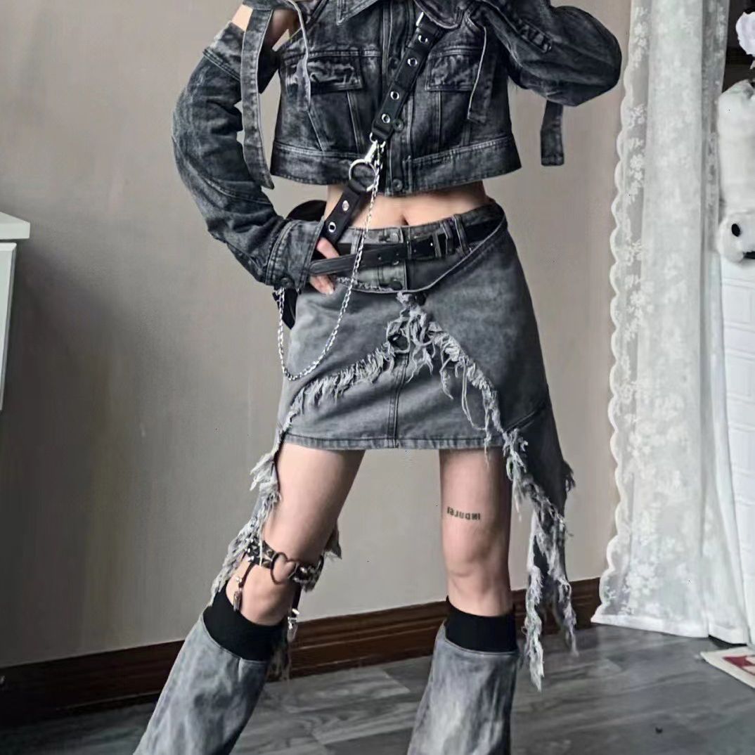 Asian Culture Y2g Hot Girl Denim Smoky Gray Irregular High Waist Skirt