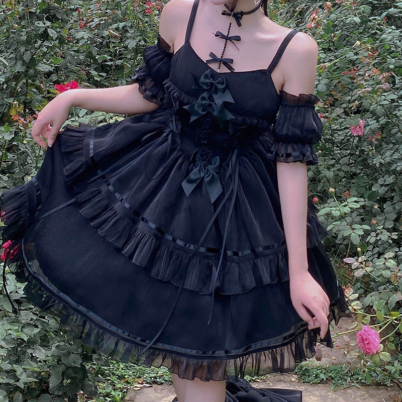 Originale Lolita Harajuku Bow Splicing Black Dress Hot Girl Fashion Kawaii Sweet Dress