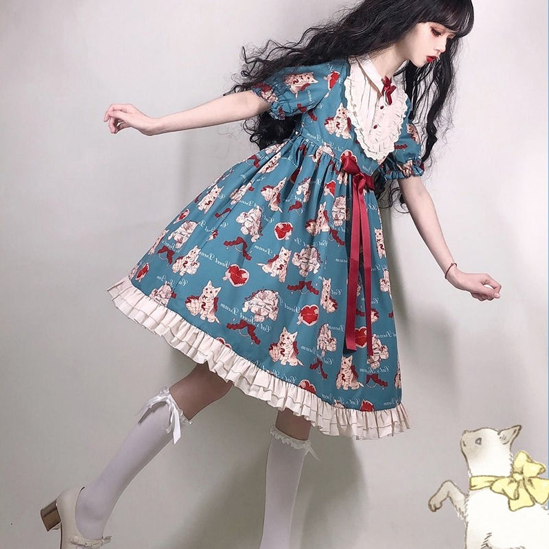 Japanese Sweet Kawaii Lolita Dress Gray-green Wish Cat Lolita