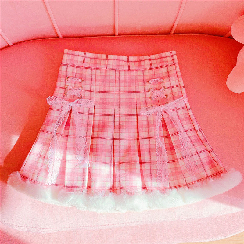 Winter Kawaii Pleated Mini Skirt Women Korean Fashion Plaid