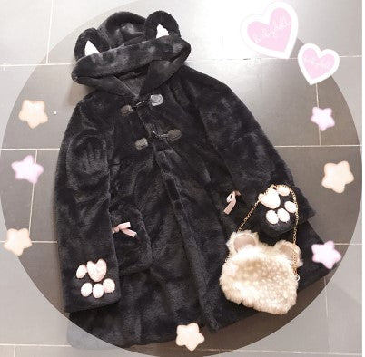 Women Winter Cartoon Fur Coats Japanese Kawaii Sweet Cat Paw Embroidery Faux Fur Soft Sister Long Warm Overcoat with Ears Hooded