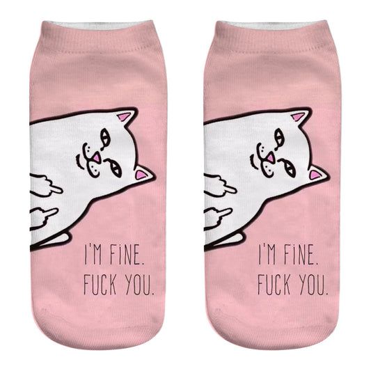 Spring And Autumn Cute Cat Cartoon 3d Print Socks Harajuku Woman Funny Kawaii ElasticPink Socks Invisible Boat Socks Short Tube