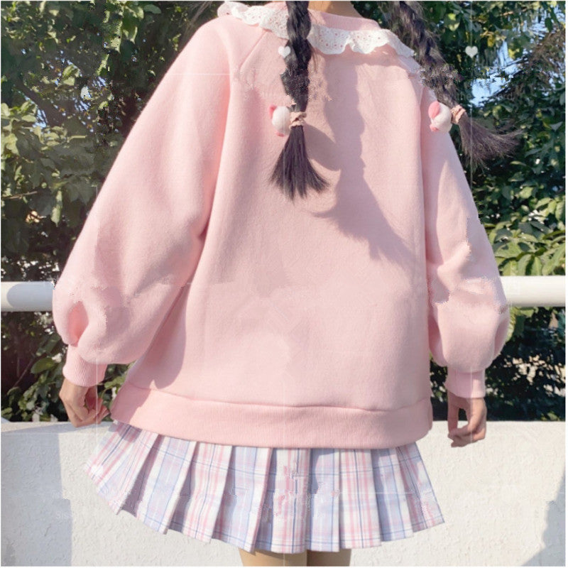 2020 Autumn New Women Lace Neck Cute Hoodies Harajuku Kawaii Sweatshirt Women Pink Pullover Lamb And Candy Embroidery Sudadera