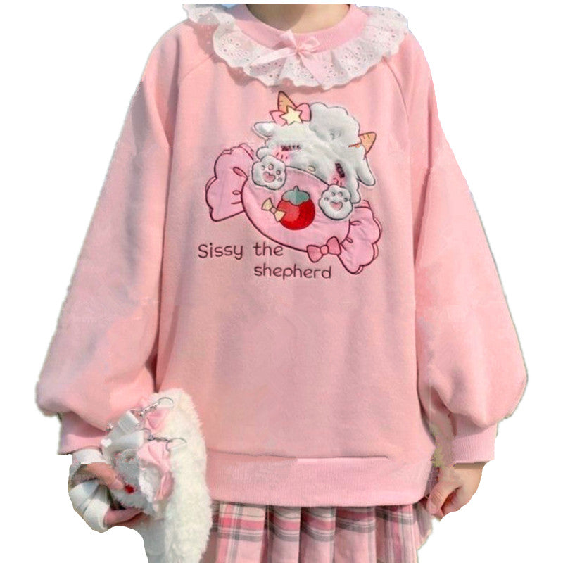 2020 Autumn New Women Lace Neck Cute Hoodies Harajuku Kawaii Sweatshirt Women Pink Pullover Lamb And Candy Embroidery Sudadera