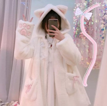 Women Winter Cartoon Fur Coats Japanese Kawaii Sweet Cat Paw Embroidery Faux Fur Soft Sister Long Warm Overcoat with Ears Hooded