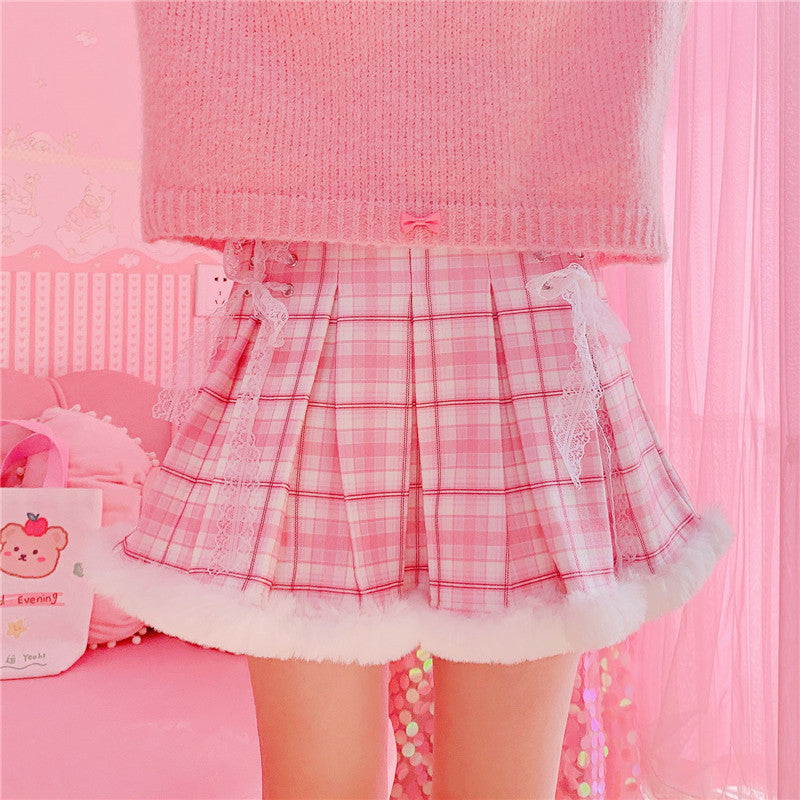 Winter Kawaii Pleated Mini Skirt Women Korean Fashion Plaid