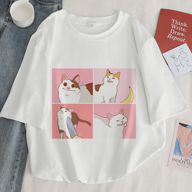 Cat Kawaii Cartoon Pattern T-shirt Women