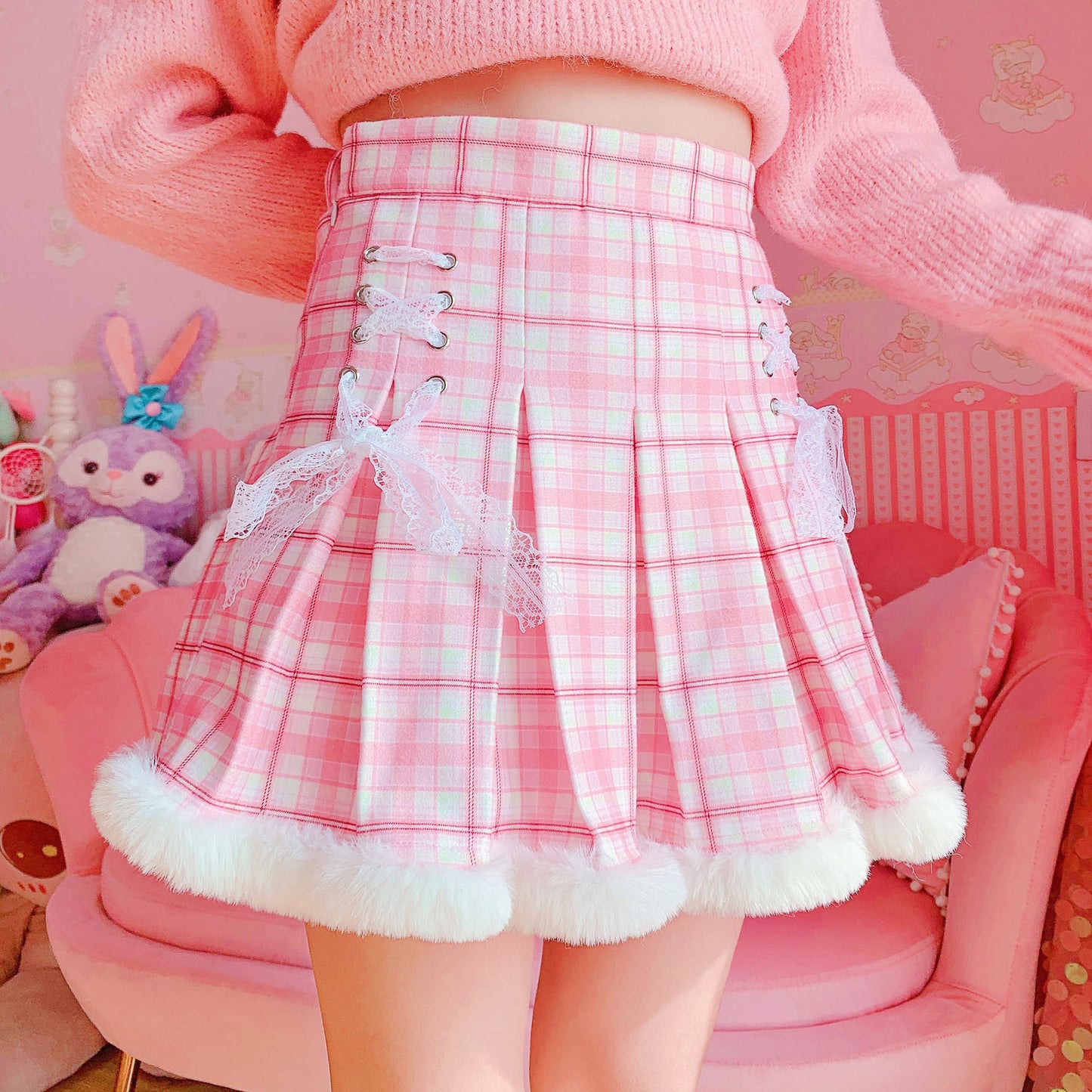 Winter Kawaii Pleated Mini Skirt Women Korean Fashion Plaid