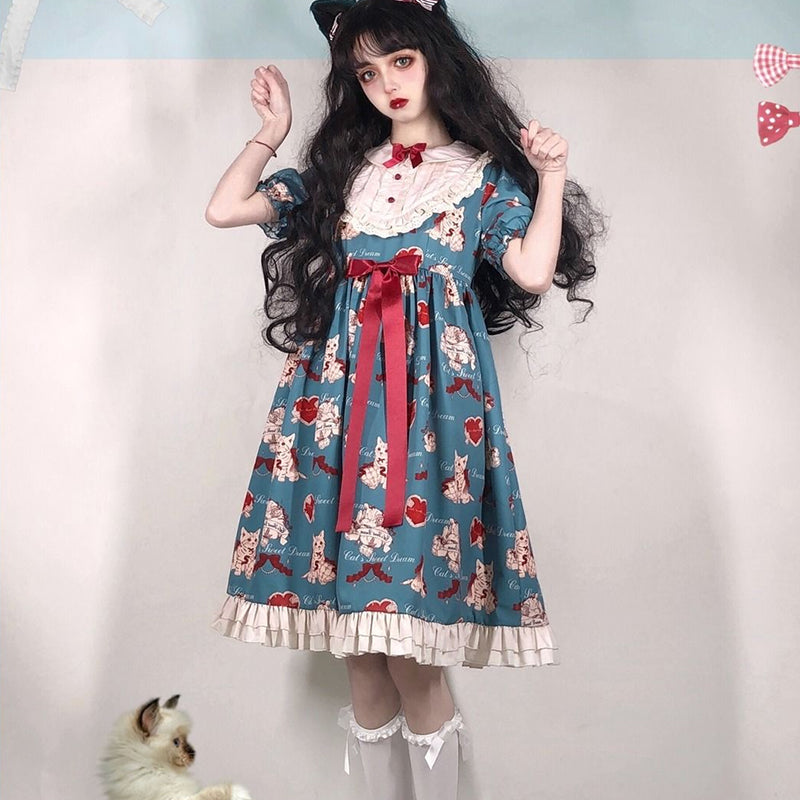 Japanese Sweet Kawaii Lolita Dress Gray-green Wish Cat Lolita