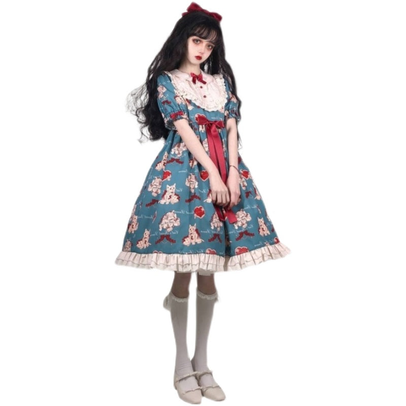 Japanese Sweet Kawaii Lolita Dress Gray-green Wish Cat Lolita